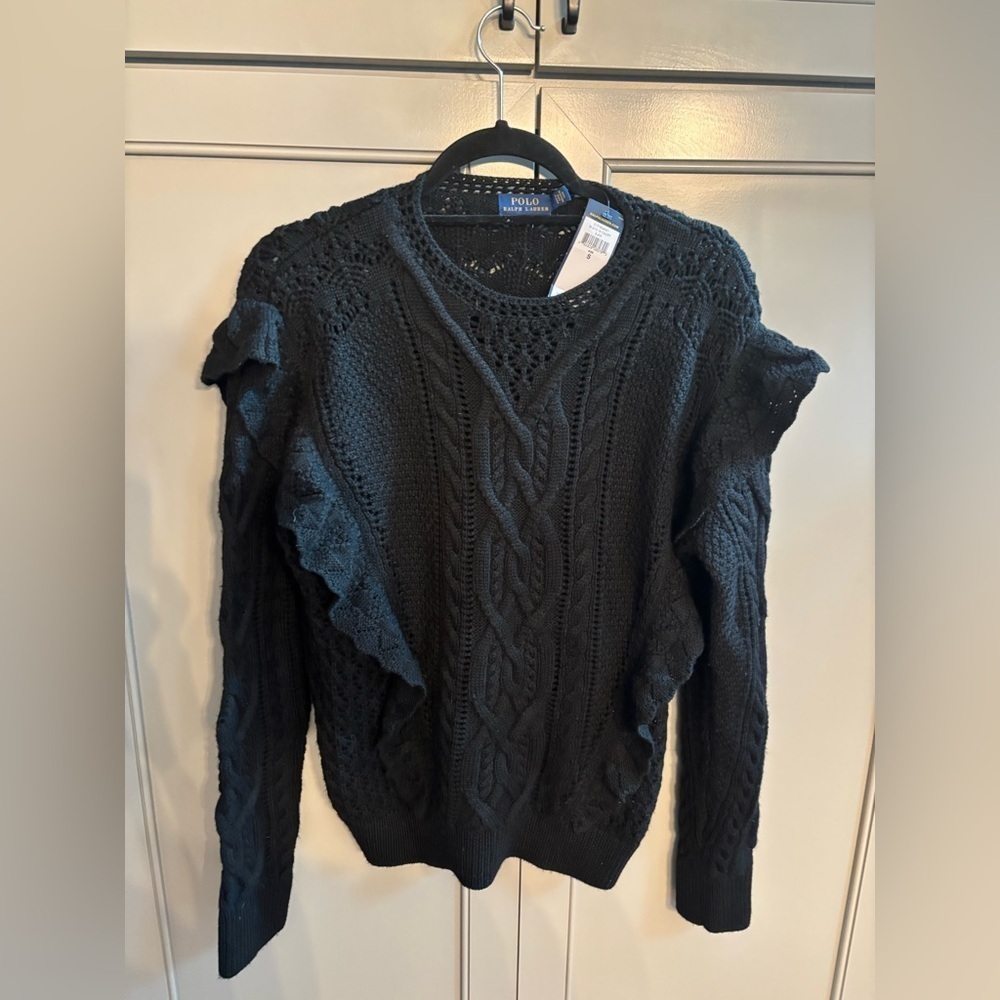 NWT Polo Ralph Lauren Black Cable Knit Top Retail $298